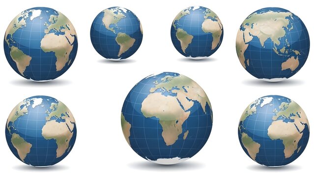 Multiple Earth globes centered on different continents in 3D illustration