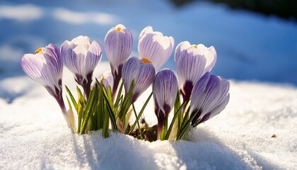 Crocus Or Snowdrop Flowers Blooming In Snow Generative Ai