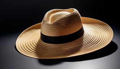 A Stylish Wide Brimmed Straw Hat With A Black Band Casting A Shadow On A Black Background