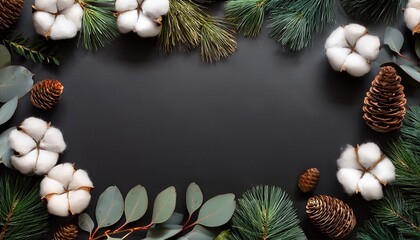 Black Background Framed By Cotton Bolls Eucalyptus Leaves And Pine Cones Creating A Natural Decorative Border