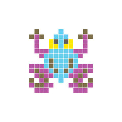 A flat pixel design made of geometric square color blocks on a clean icon layout. Pixel art frog