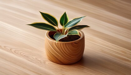 Small Plant With Green And Gold Leaves In Wooden Pot On Light Wooden Surface
