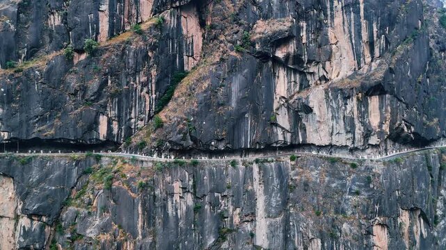 Drone Shot of Steep Rocky Cliffs and Winding Road in Kinnaur Valley