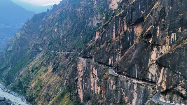 Aerial Panorama of Deep Gorge and Mountain Road in Kinnaur Valley, India