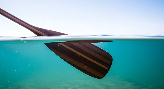 Split view of a wooden paddle in clear turquoise water on a sunny day