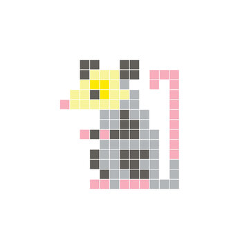 A flat pixel design made of geometric square color blocks on a clean icon layout. Pixel art possum