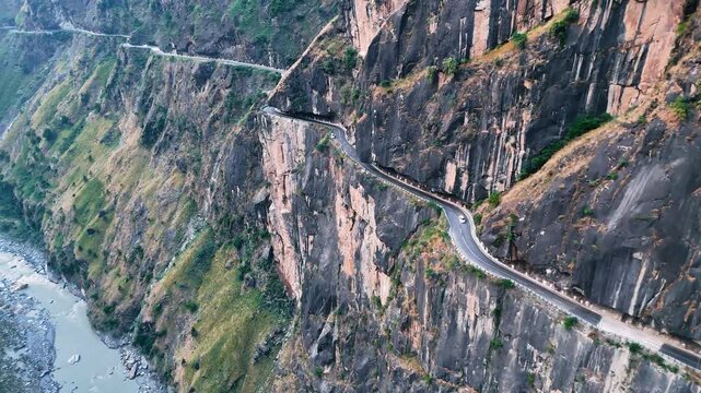 Drone View of Serpentine Road Along High Cliffs in Kinnaur Valley