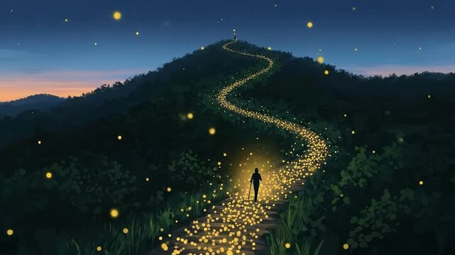 Silhouette on illuminated trail leading up mountain at night