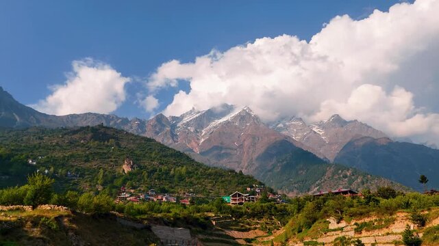 Scenic Aerial View of Sangla Valley with Himalayan Mountains and Clouds