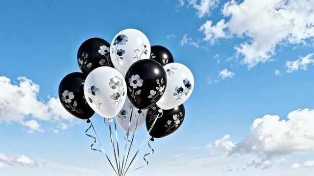 Balloons with floral patterns in sky