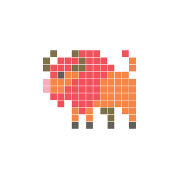 A flat pixel design made of geometric square color blocks on a clean icon layout. Pixel art bison