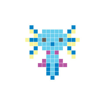A flat pixel design made of geometric square color blocks on a clean icon layout. Pixel art axolotl