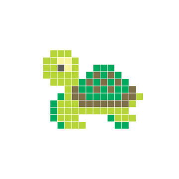 A flat pixel design made of geometric square color blocks on a clean icon layout. Pixel art turtle
