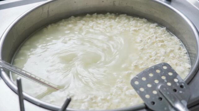 Dairy curdling process showing texture of milk coagulation in large metal container during cheese processing with stirring tool and thermometer
