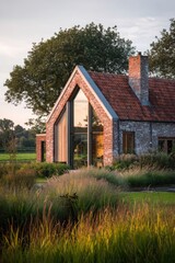 Obraz premium A charming brick house features expansive windows, beautifully situated in a verdant landscape, illuminated by the warm glow of the evening light.