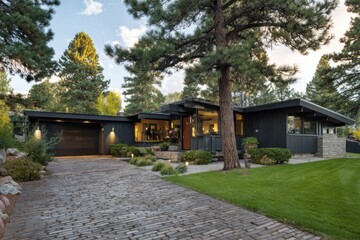 Modern house located in a wooded area with a driveway of brick and a green lawn, surrounded by tall trees during late afternoon sunlight