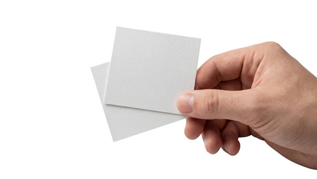 Male hand presenting two blank white square textured business cards mockup on transparent background