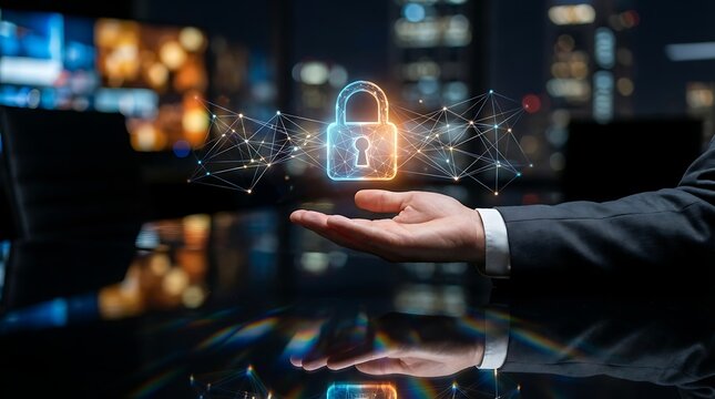 Businessman presenting secure network protection with digital padlock