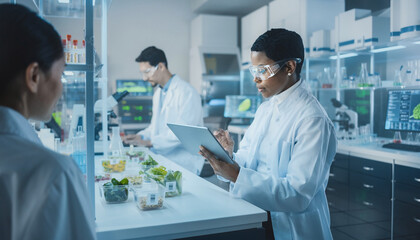Obraz premium Diverse Scientists Conduct Research in Modern Laboratory with Advanced Technology.