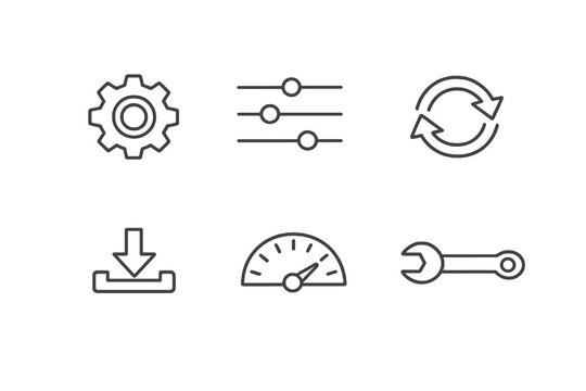 Setup and settings line icon set with six editable stroke vector symbols. Clean outline style for configuration panels, system options and software settings interfaces.