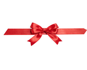 Fototapeta premium Red Satin Ribbon with Decorative Bow Tied Diagonally - Isolated Gift Packaging Mockup