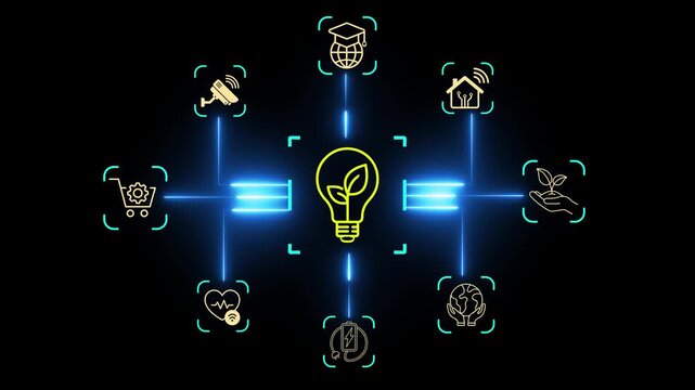 Smart City concept on the black background. Representing future urban technology, sustainable energy, and digital transformation. Motion graphics of advance technology idea. 4k animation.