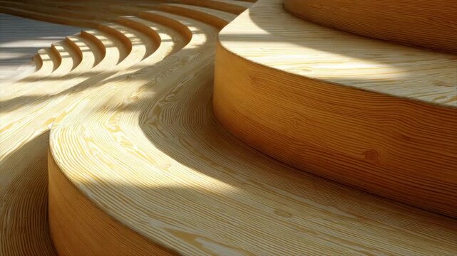 Close-up of curved wooden seating or steps with natural light and distinct grain patterns