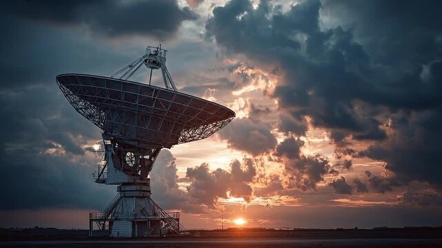 Satellite dish antenna at sunset,Large satellite dish against dramatic sky,Space communication and data transmission concept,Telecommunications infrastructure at dusk,Large satellite dish against dram