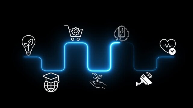 Smart City concept on the black background. Representing future urban technology, sustainable energy, and digital transformation. Motion graphics of advance technology idea. 4k animation.