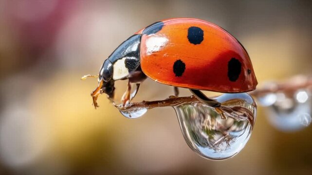Macro shot of a ladybug perched on a twig with water droplets. Reflective. Detailed. Nature
