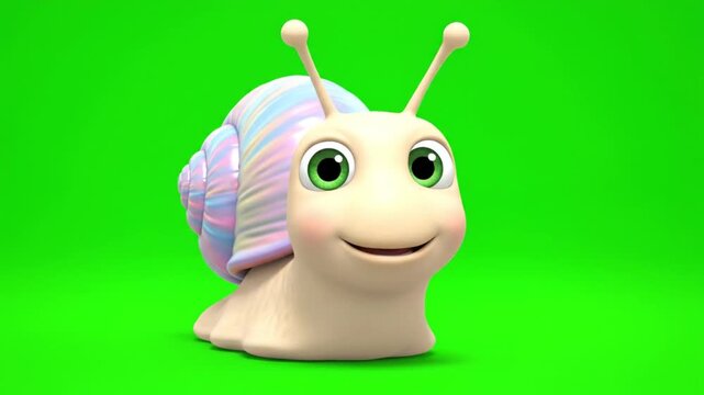Adorable 3D cartoon snail character with a pastel shell and friendly smile on a green screen background