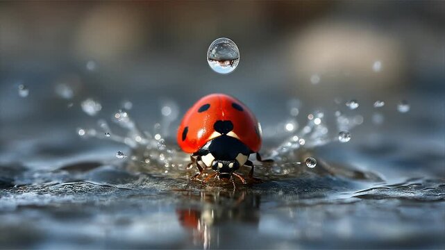 A ladybug amidst water droplets, a sphere suspended above, creating a splash