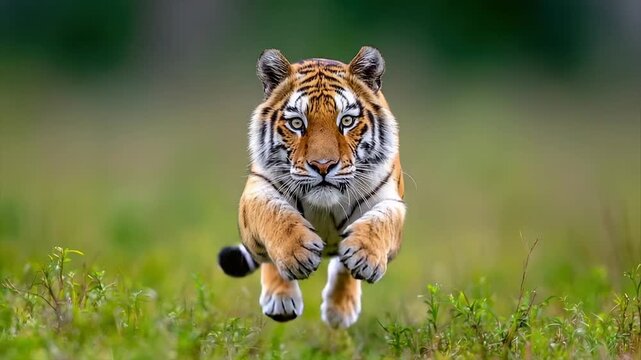 A majestic tiger charges forward through green foliage, its gaze intense