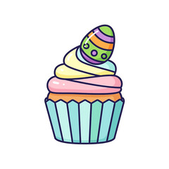 A colorful cupcake with swirled frosting and a decorated Easter egg on top is an illustration of a sweet treat in a vetcor style dessert setting.