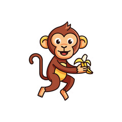 Obraz premium A colorful illustration of a happy monkey holding a vetcor styled banana peel in a lively scene.