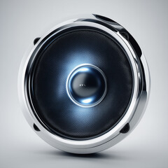 Close up of a modern metallic speaker with deep blue cone, representing powerful sound, audio technology, music energy and high quality acoustic design on a clean background