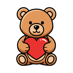 A cartoon teddy bear holding a red heart, sitting upright, illustration of affection and love, viewed from the front with a simple background