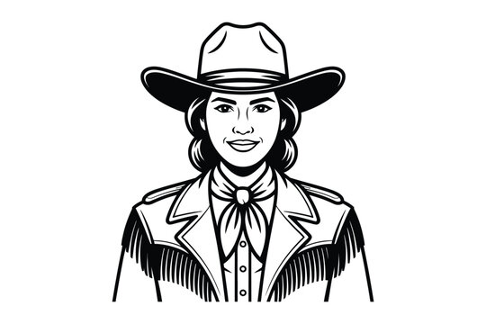 Black and White Cowboy Illustration with Hat and Fringe Jacket