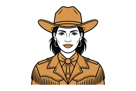 Cowgirl Illustration Wearing Brown Hat and Fringe Jacket
