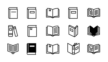 Collection of Simple Book Icons in Various Open and Closed States.