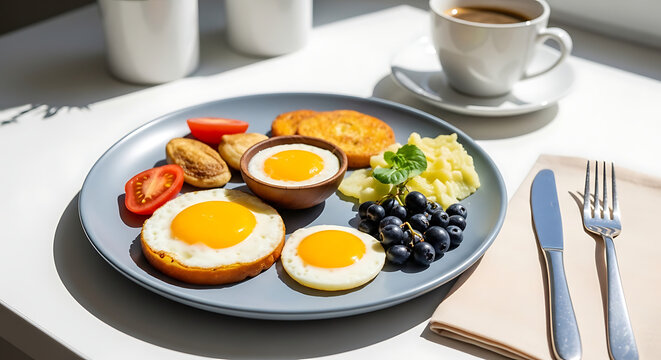 Plate of Sunny Side Eggs Bacon Tomato Grape Toast and Potatoes