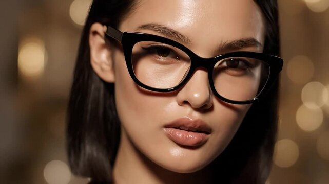 Close-up stylish woman in black cat-eye glasses, direct gaze, soft bokeh background