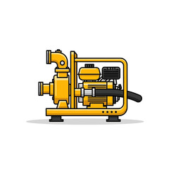 Portable Gas Water Pump Illustration. Yellow Utility Machinery Icon for Construction, Drainage, and Irrigation Equipment.