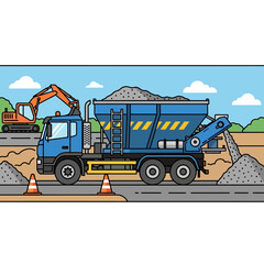 Gravel Spreader Truck and Excavator Working at Road Construction Site. Heavy machinery operation. Cartoon vector illustration.