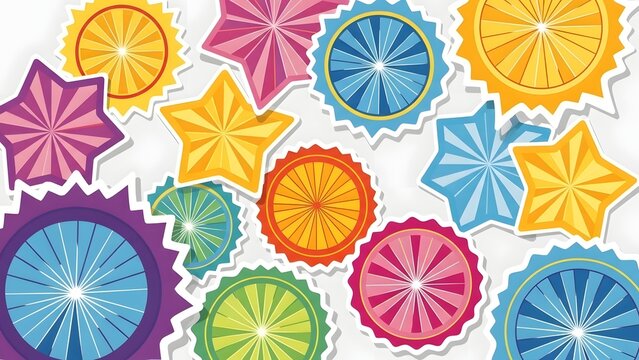 Vibrant multicolored star-shaped objects and flowers arranged in a playful scattered pattern