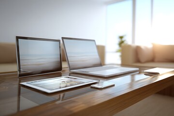 Fototapeta premium Modern workspace with multiple devices on wooden desk in bright room
