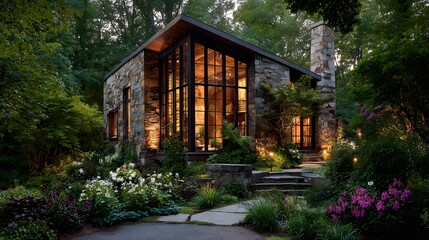Cozy Stone House with Illuminated Windows Nestled in a Lush Green Garden at Dusk.