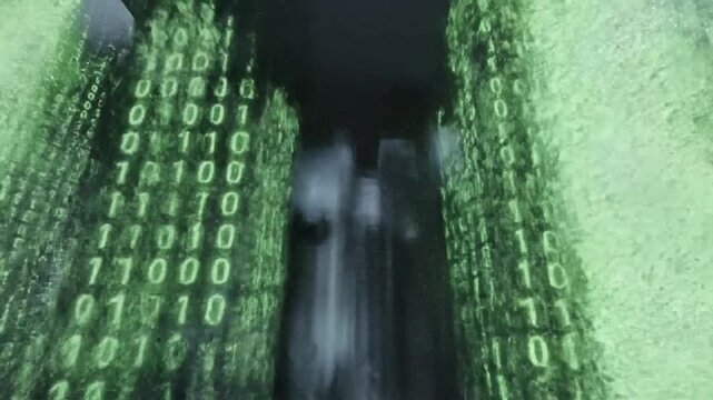 A futuristic corridor filled with green binary code, leading to a dark tunnel, viewed from a low angle, showcasing technology and code streams