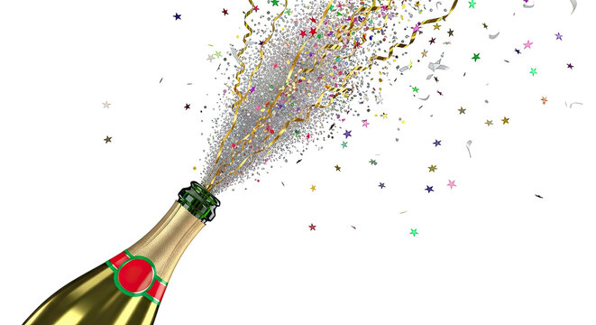Champagne bottle exploding with confetti and streamers