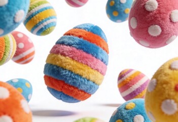 Colorful plush Easter eggs floating against a white background, celebrating spring and holidays